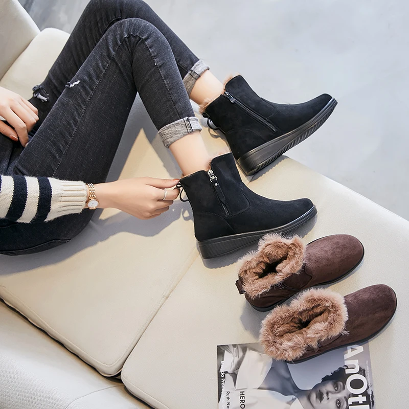 

2020 Round Toe Warm Slope Heel Ankle Plush Snow Boots for Woman size 35-41 Winter Lace-Up Leisure Women's Ladies Mother Shoes