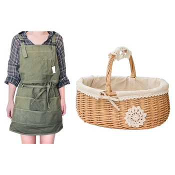 

Wicker Rattan Storage Basket Handmade Portable Picnic Fruit Vegetable Bucket Flower Basket with Artist Canvas Apron