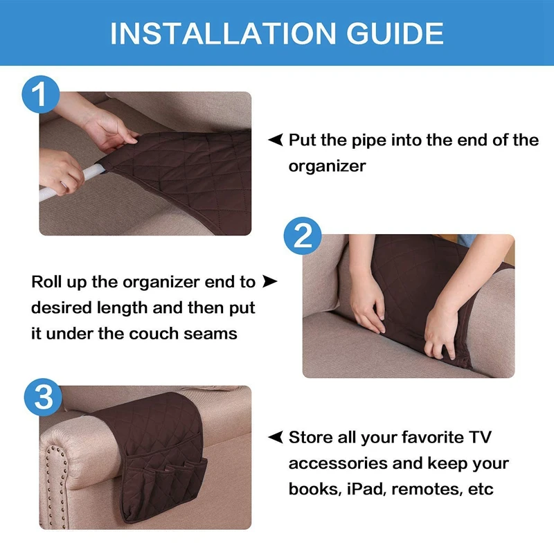 Non-Slip Couch Sofa Chair Armrest Organizer With 5 Pockets For Phone, Book, Magazines, Tv Remote Control, 2 Packs Brown