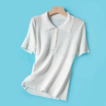 

Pearl buckle women knitted tops Temperament short sleeve Slim-fit stretch lady knit sweater 2020 new