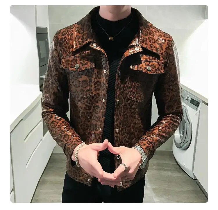 Осенняя кожаная куртка локомотивная кожаная одежда Свободное пальто Jaqueta De Couro Masculina с леопардовым принтом и карманами