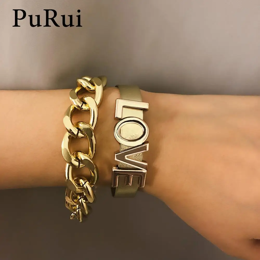 

PuRui 2pcs Punk Love Charm Bracelets Set for Women Boho Golden Chain Bracelet Letter Wrap Bracelets Bangles Wide Fashion Jewelry