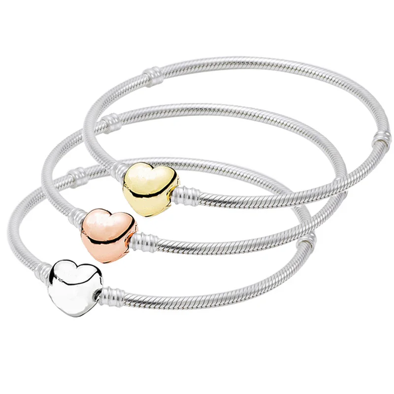 925 пробы Серебряный браслет розовое Золотое любовное Сердце застежка змея цепь браслет подходит бисера Шарм DIY Европа DIY ювелирные изделия