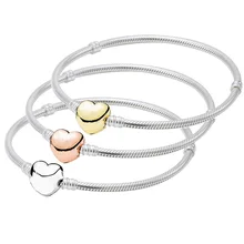 925 пробы Серебряный браслет розовое Золотое любовное Сердце застежка змея цепь браслет подходит бисера Шарм DIY Европа DIY ювелирные изделия