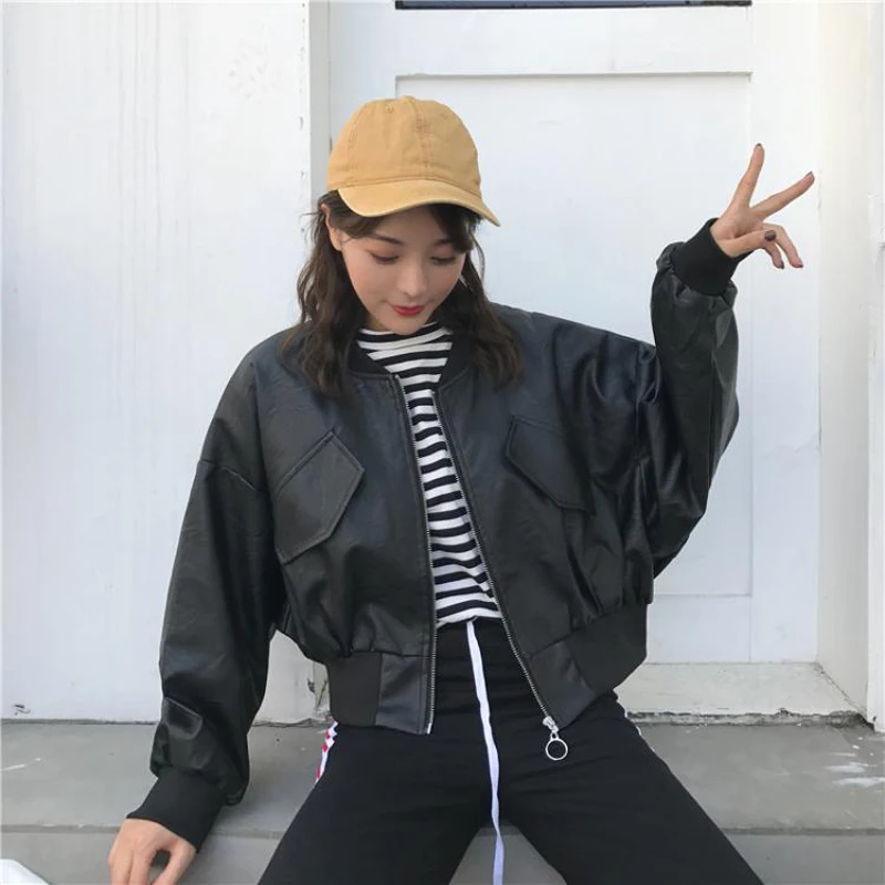 

Jacket Female 2019 Motorcycle Bomber Basic Coat Women Spring Autumn Short Leather Biker Lady Outwear Zipper Streetwear Cropped