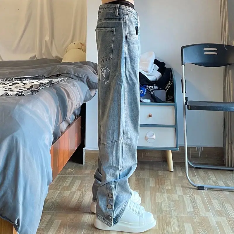 2022 Jeans per uomo e donna Jeans Vintage jeans ricamati per jeans larghi  jeans tascabili pantaloni in denim con bottoni divisi jeans blu|Jeans| -  AliExpress