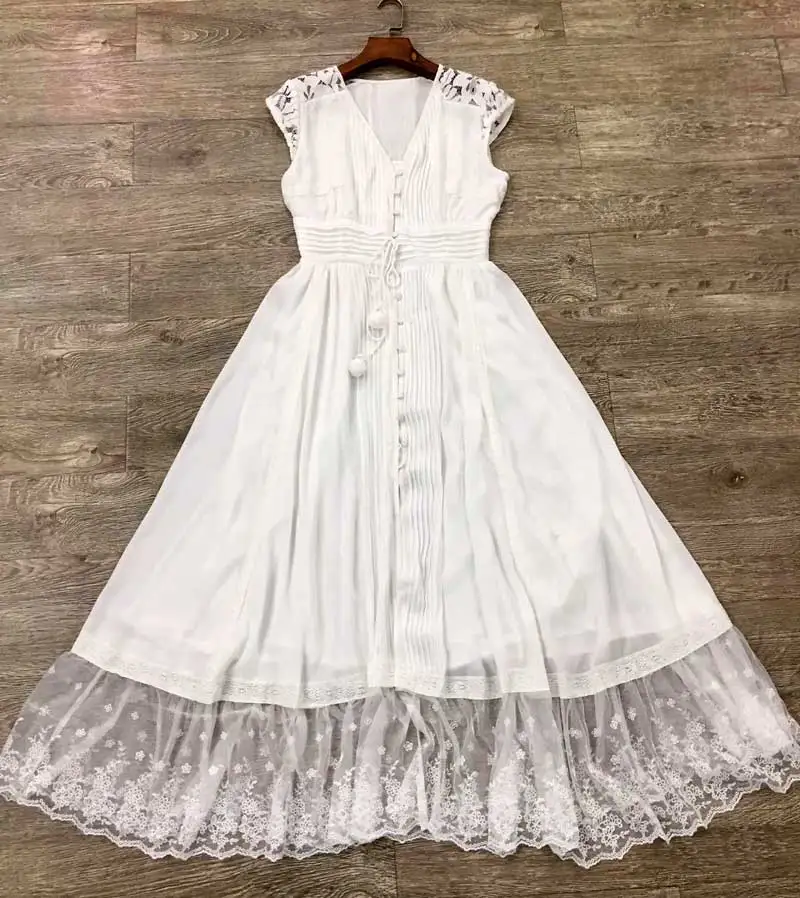 KIYUMI свадебное платье женское кружевное платье с пуговицами Boho платья Новое Цыганское Платье с v-образным вырезом и коротким рукавом элегантное хлопковое Макси платье