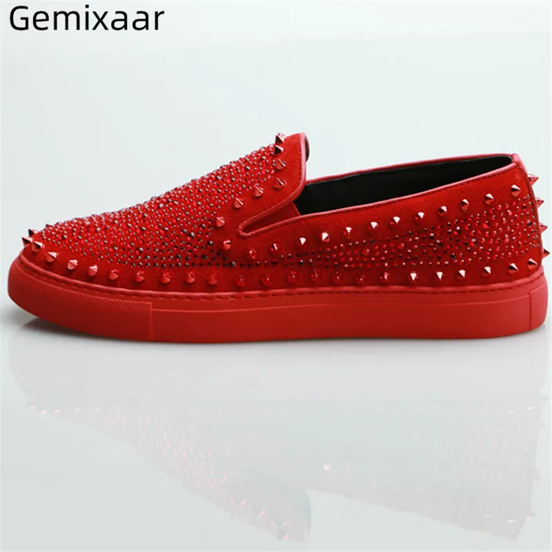 

Spring Autumn Crsytal Men Shoes Slip On Comfy Genuine Leather Big Size Men Loafers Red Black Color Decor Jewelry Men Shoes 2019