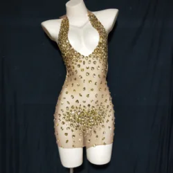 5 colors  Rhinestones Sexy Mesh Dress Perspective Prom Backless Halter Outfit Evening Birthday Celebrate Dress