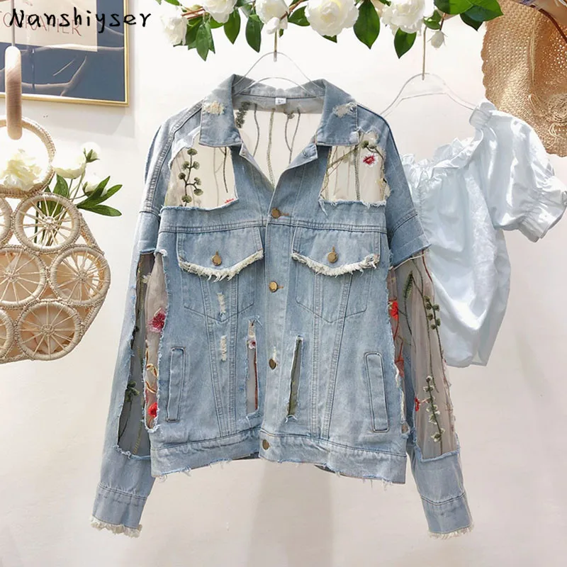 

Heavy work Vintage Mesh Flower embroidered Lace Patchwork Denim jacket Women Autumn Plus size Loose Oversize Hole Sunscreen coat