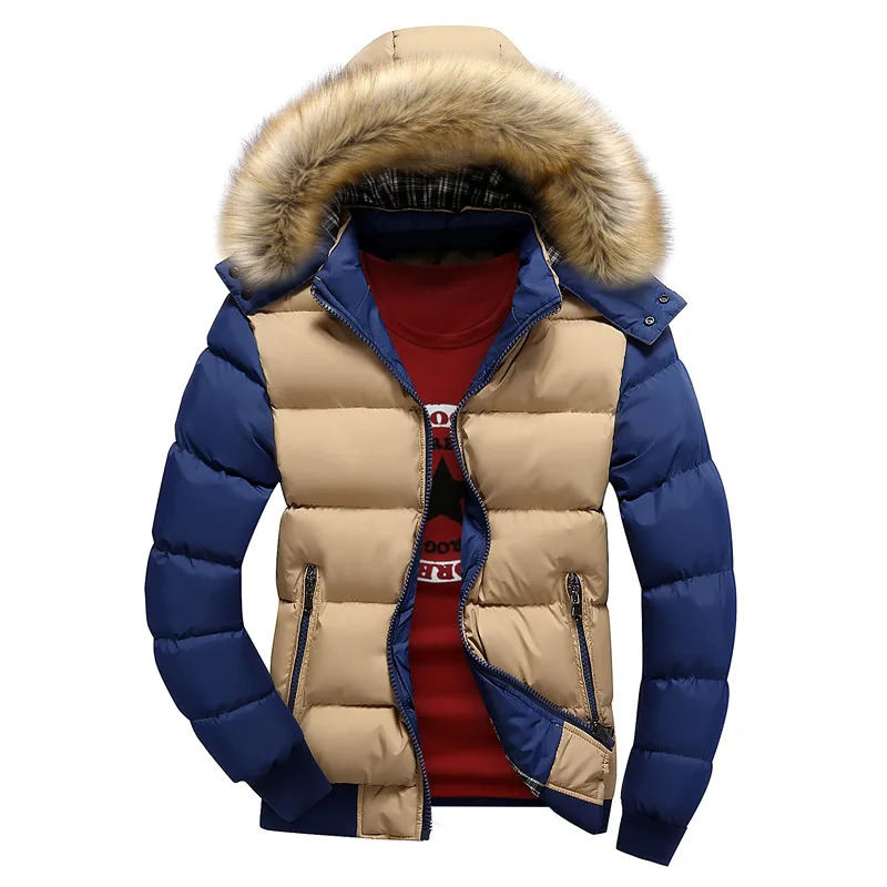 FK047 Khaki-B Мужской пуховик, зимняя новинка, мужская повседневная верхняя одежда с капюшоном, пальто, теплая меховая парка, пальто, мужские плотные флисовые куртки на молнии - Цвет: FK047 Khaki-B