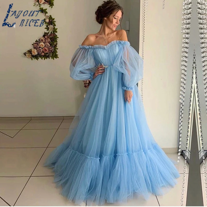 

SZ004 Elegant Evening Dressoff-shoulder Long Formal Prom Gowns 2019 Occasion Dresses Tulle Peplum Party