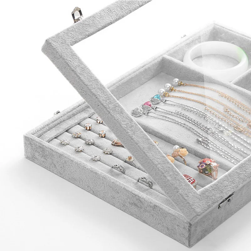 High Level Grey Velvet Jewelry Display Box for  Ring Earring Bracelet Necklace or other Ornaments Storage Jewellery Organizer
