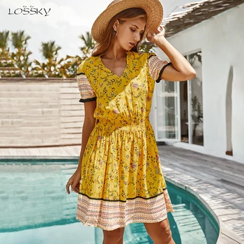 

Boho Chic Dress Women Summer Bohemian Floral Print Mini Short Sundress Bow Tie Casual Pink Fitted Clothes Yellow 2020 Trendyol