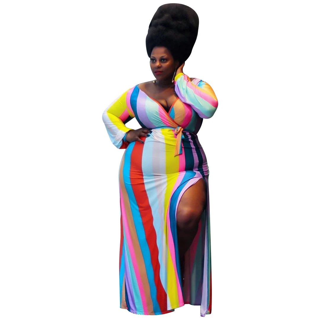 

European and American new style plus size autumn women's clothing Rainbow color deep V skirt slit dress with belt