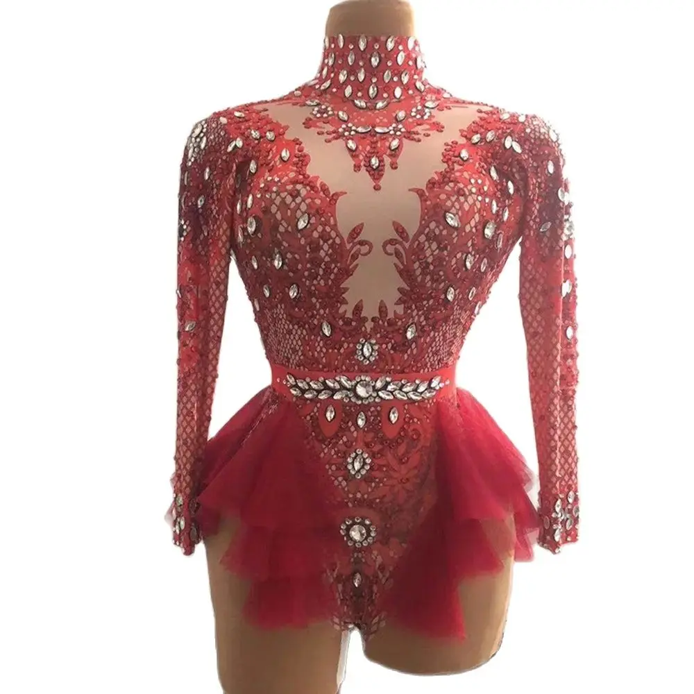 

Nightclub Rhinestone pink red Ruffle Bodysuit Birthday Celebrate Party Dresses Club Stage Wear