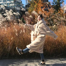 Женское меховое пальто, зимнее и осеннее длинное пальто из овечьей шерсти, модное свободное меховое пальто с капюшоном и хлопковой подкладкой