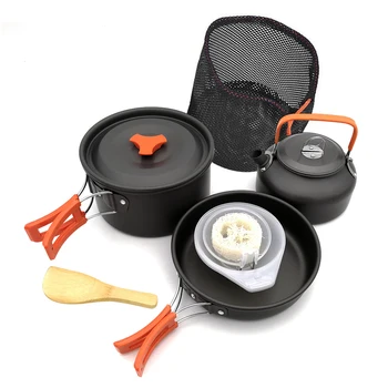 

2-3 People Ultra-light Portable Camping Cookware Utensils Outdoor Cooking Teapot Picnic Tableware Kettle Pot Frying Pan 4pcs/Set