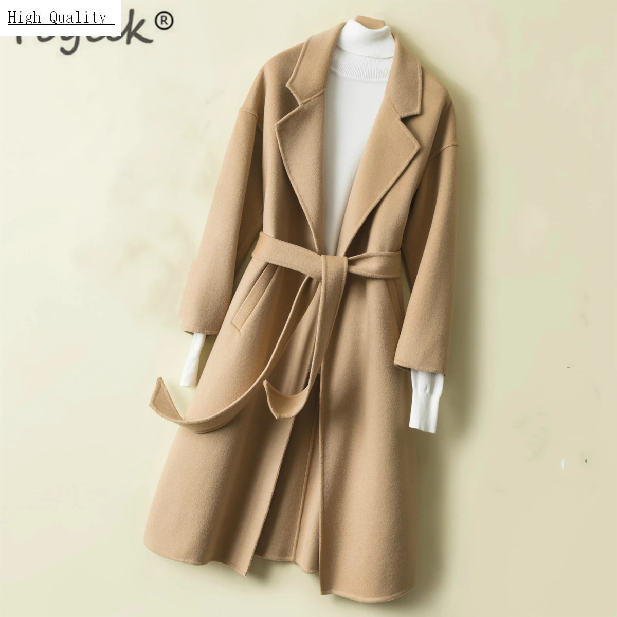 

Women Coats Autumn Winter 100% Wool Jacket Double-side Woolen Coat Female Korean Fashion Slim Belt Spring Clothes LWL1298