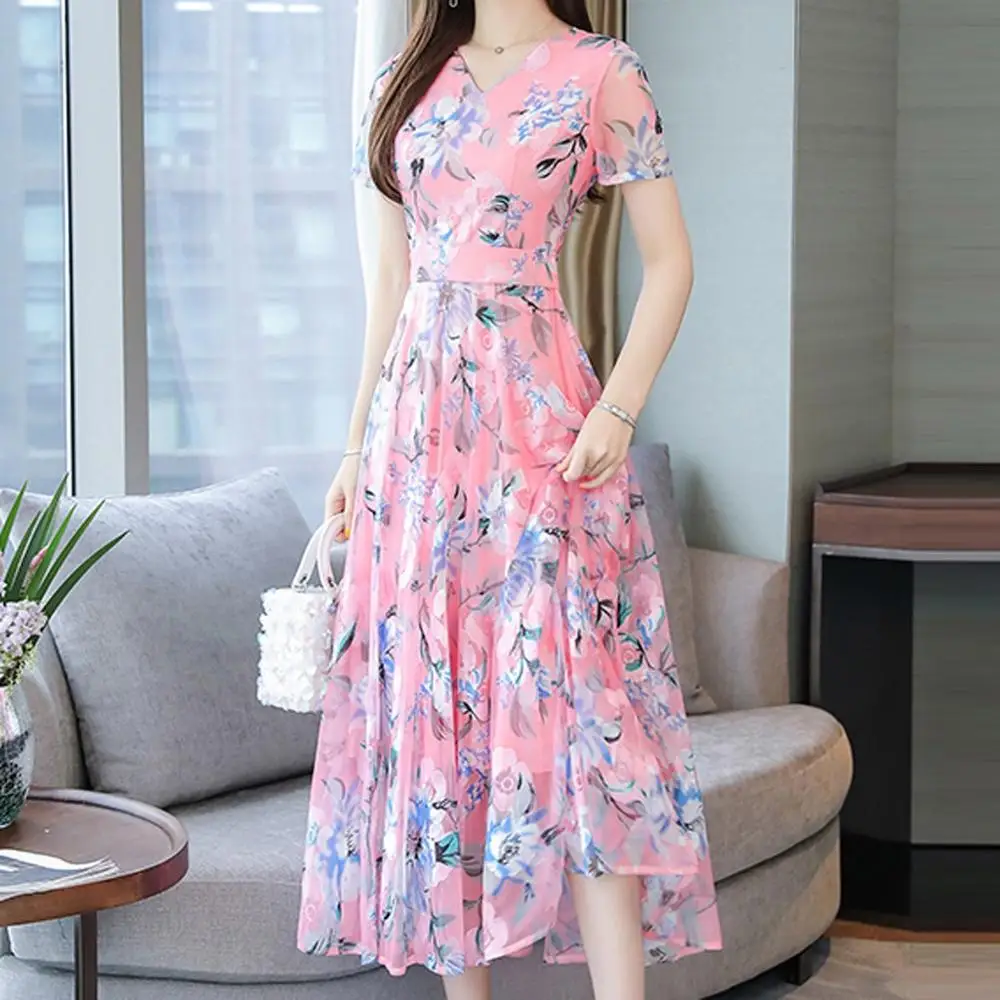 Женское летнее платье больших размеров с цветочным принтом, корейское платье с коротким рукавом, вечерние платья для женщин, Robe Longue Boheme, Прямая c