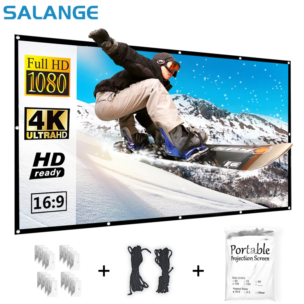 Projection Screen Salange Projector Screen 120 / 150 inch 16:9 Foldable Portable White Polyester Outdoor Home Theater