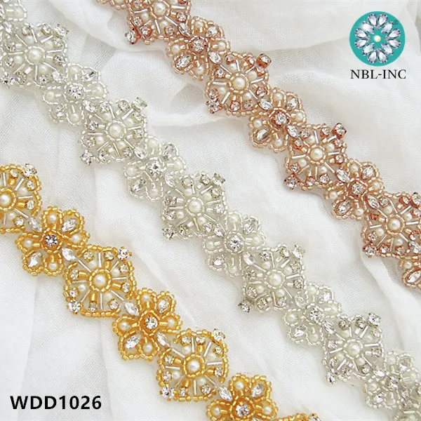 

(10 YARDS)Wholesale bridal beaded pearl rhinestone applique trim sewing iron on for wedding dress WDD1026