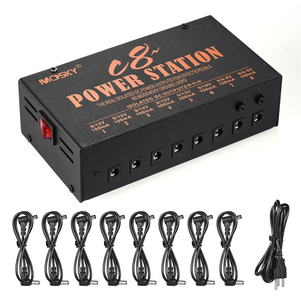 

Mosky C8 Guitar Effect Pedal Power Supply 8 Isolated Outputs 4-9V Ddjustable 12V 18V Optional Voltage Guitar Pedal Power Station