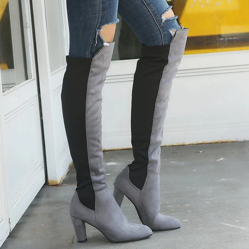 

WENYUJH Women Boots Sexy Knee High High Heel Mixed Colors Pointed Toe Boots Fashion Ladies PU Leather Boots Botines Mujer 2019