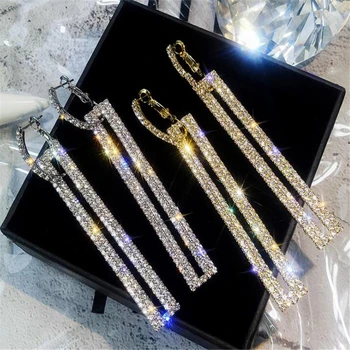 

Fashion Long Crystal Drop Earrings Luxury Gold Silver Color Rectangle Rhinestone Earring for Women Brincos Jewelry Earrings