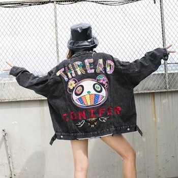 

SexeMara fashion The New Loose color Diamond letter printing Cartoon Hole denim jacket free shipping