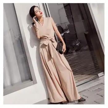

5 Colors Women's Jumpsuits 2020 V-collar Loose Sleeveless Overall Vocational Holiday High Waist Bodysuits With Wide Leg Pants