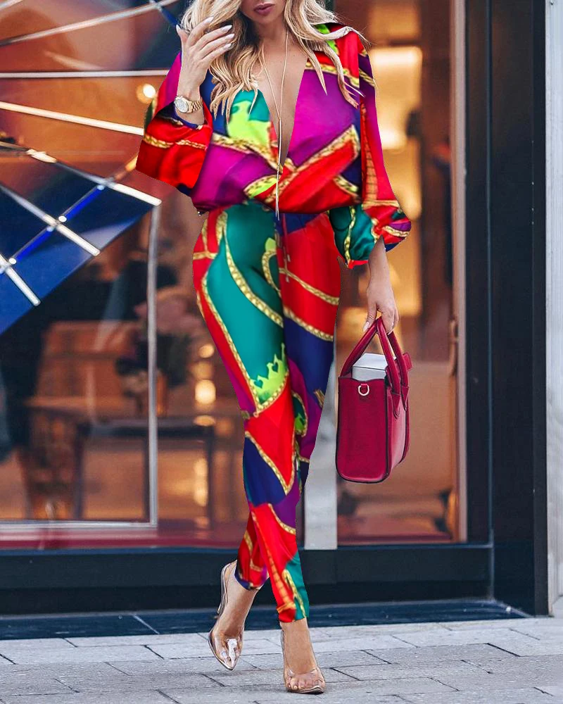 

2020 Women Stylish Deep V Neck Long Sleeve Sexy Romper Colorblock Print Plunge Casual Jumpsuit
