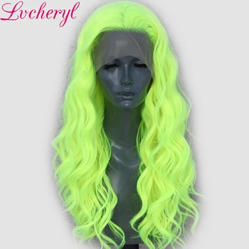 

Lvcheryl 13X3 Neon Yellow Natural Wave Cosplay Drag Queen Party Wig Synthetic Lace Front Wigs Heat Resistant Fiber Hair