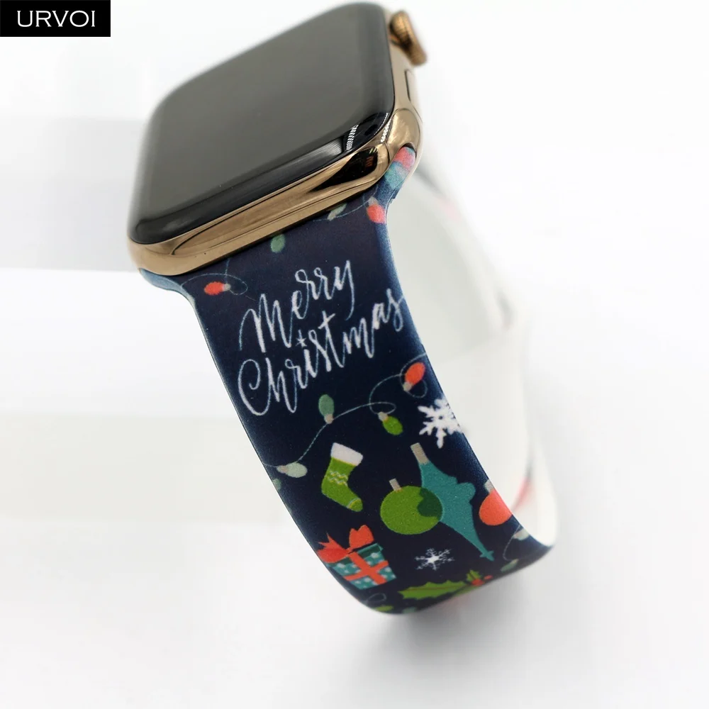 Спортивный ремешок URVOI для Apple Watch, серия 54, 3, 2, 1, силиконовый ремешок для iWatch, разноцветные адаптеры, Рождественский Санта-снеговик, ремешок 40, 44 мм