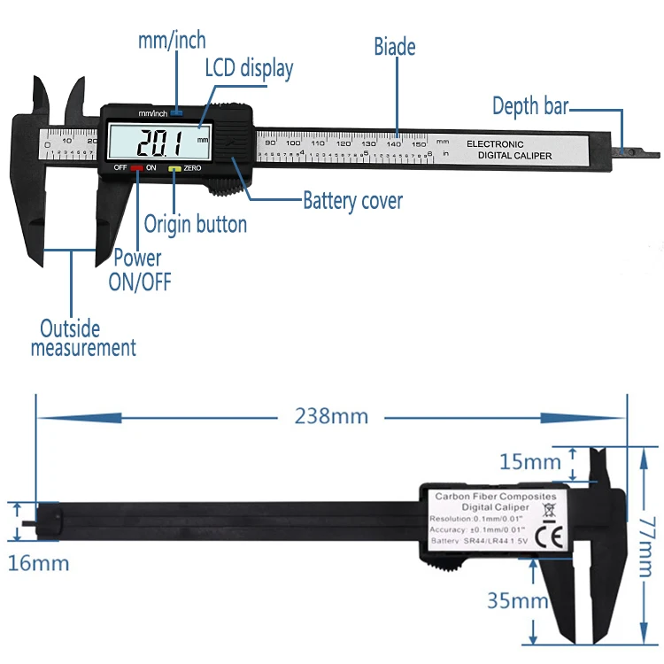 New Arrival 150mm 6 inch LCD Digital Electronic Carbon Fiber Vernier Caliper Gauge Micrometer Measuring Tool