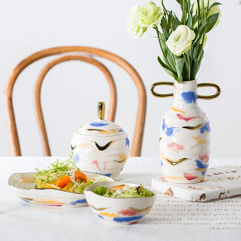 

2019 European Bowl Vintage Plate Fruit Dishes Saucer Tea Tray Dessert Dinner Plate Tableware Set Garden Restaurant Home Dec Gift
