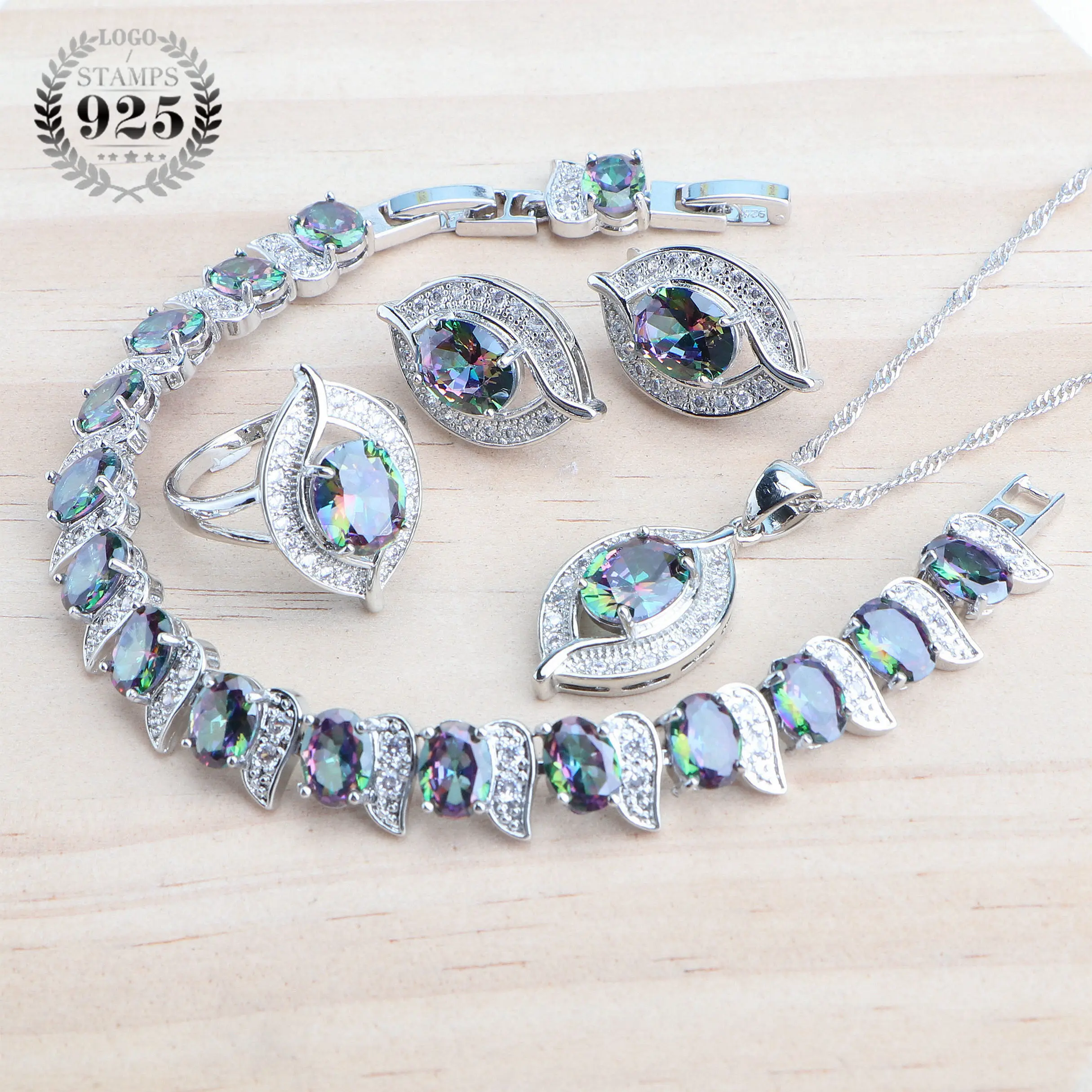 Natural Rainbow Zircon Silver 925 Jewelry Sets For Women Bridal Wedding