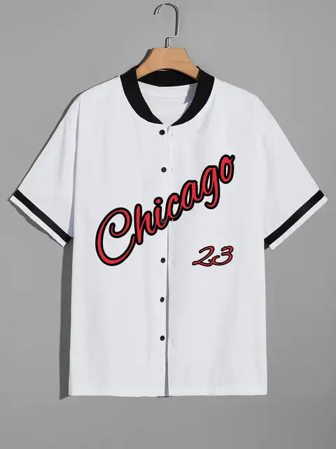 Men Letter Print Graphic Baseball Collar American Streetwear Style Causal Patchwork Plaid Basketball  Shirt white