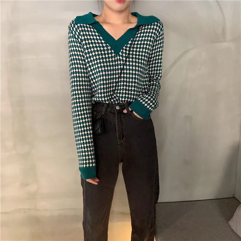 Neploe, v-образный вырез, контрастный цвет, нашивка в горошек, дизайн, Pull Femme, отложной воротник, контрастный цвет, длинный рукав, вязаный свитер, теплый, Sueter