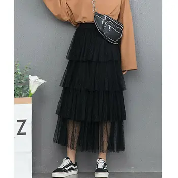 

Women Solid Color Long Skirts New Fashion Polka Dot Tutu Tulle Skirts Elastic Waist Mesh Net Ruffles Loose Casual Skirt Summer
