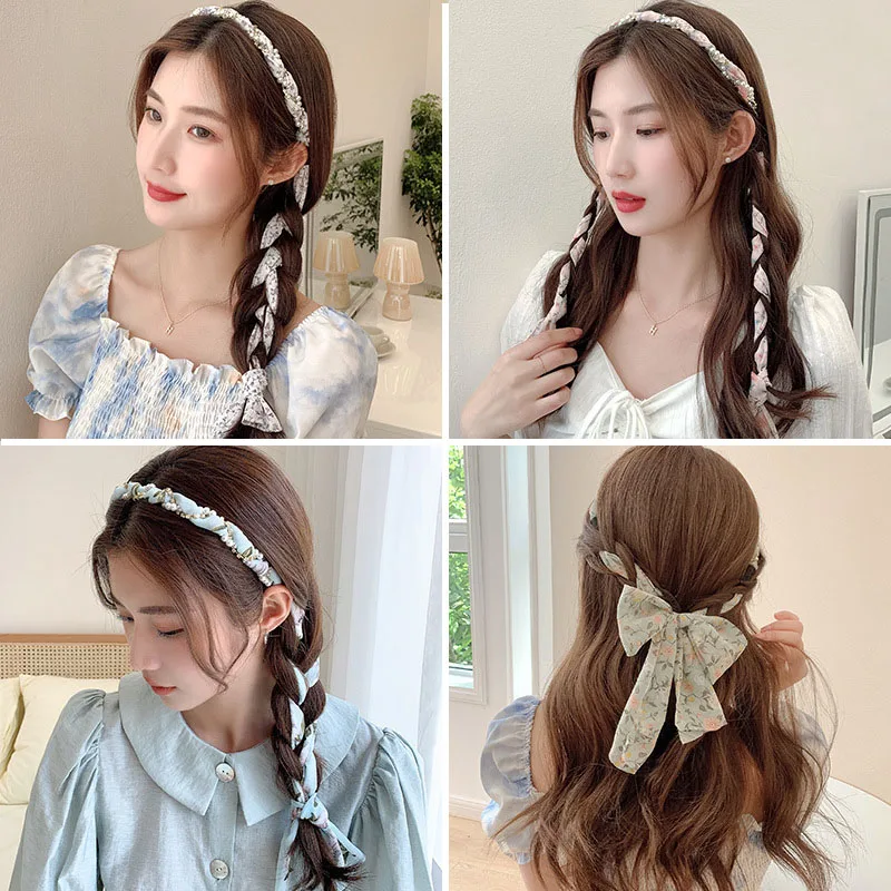 Elegant Pearl Hair Bands for Woman Fashion Long Ribbon Bow Girls Head Bands Pearl Braid Headbands Women Accessories scrunchie