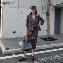 Женское платье Блейзер костюм наборы Серый Фиолетовый атласная ткань модный принт камзол платье женские офисные платья+ пиджак 2 шт