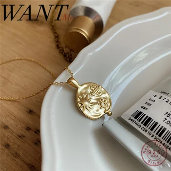 

WANTME Real 925 Sterling Silver Round Sun Planet Pendant Cuban Chain Charm Necklace for Women Golden Punk Fashion Jewelry Gift