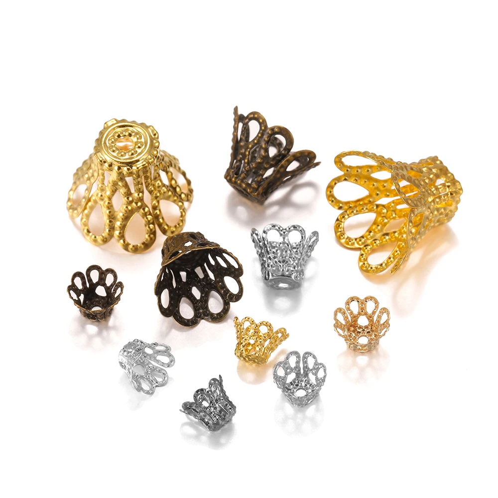 Lote de accesorios para fabricación de joyas, copa para vino de Metal de Bronce Antiguo, dorado y plateado, flor hueca, gorras con cuentas de trompeta, 100 unidades