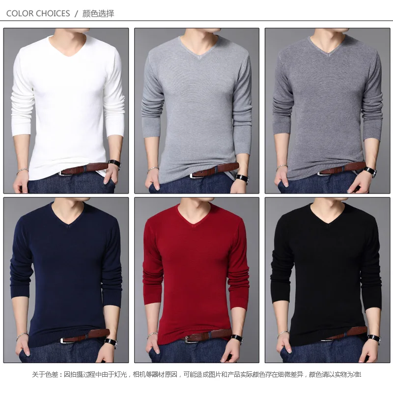 Autumn and Winter New Fashion Mens Pullover Sweaters Men's Long-sleeved Sweater Slim V-neck Solid Color Men Sweater