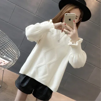 

2019New Round Neck Loose Turtleneck Women's Short Winter and Autumn Lantern Sleeve Student Clothes Knitted Shirt women jumper