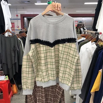 

2020 Spring Autumn New Patchwork Mesh Wooden Ear Loose Pullover Hoody Contrast Color Plaid Women Tops