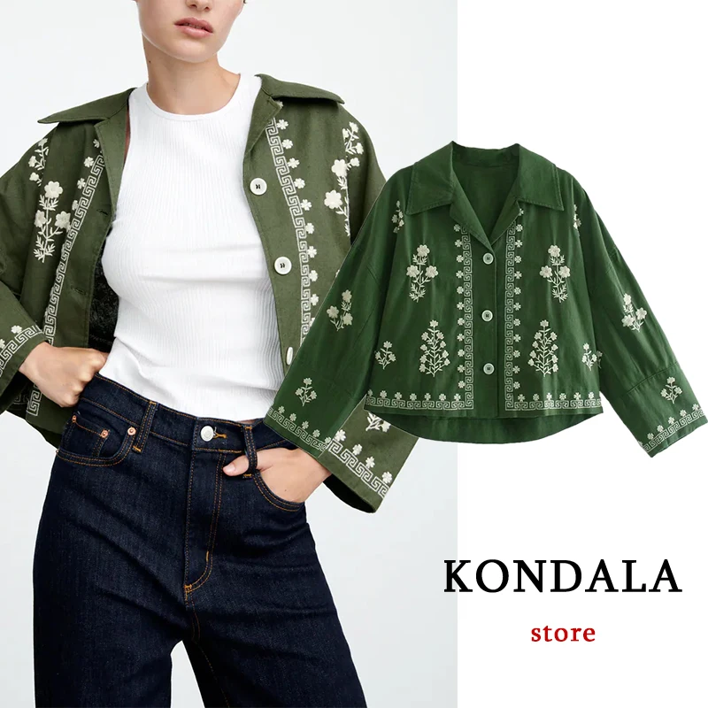 

KONDALA Za 2021 Chic Green Embroidery Loose Women Shirts V Neck Long Sleeve Single Button Fashion Autumn Blouses Elegant Tops