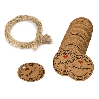 

100 Pcs kraft Paper Label Sticker Tags Thank You With Red Heart Round Hang Tag Cards Gift Tags With 20 Meters Natural Jute Twine