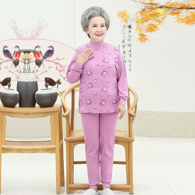 

Winter Thermal Underwear Sets Red Purple Flower Printing Cotton Long Johns Grandma Mother Warm Comfort Twinset Lingerie Set 4XL